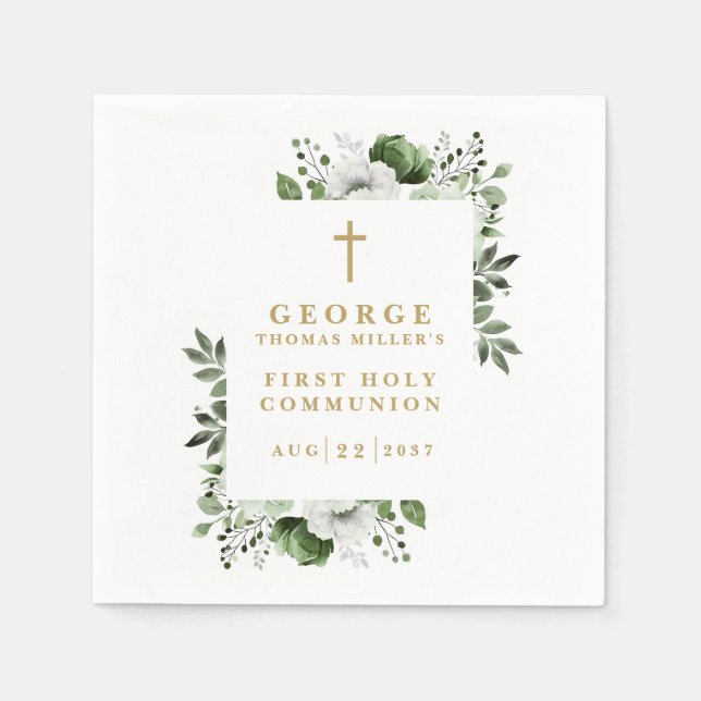 Olive Green Botanical Modern Holy Communion Napkins (Front)
