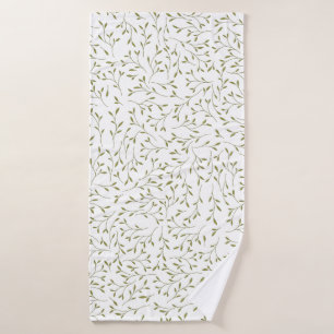 Olive Green Botanical Vine Pattern on White Bath Towel Set
