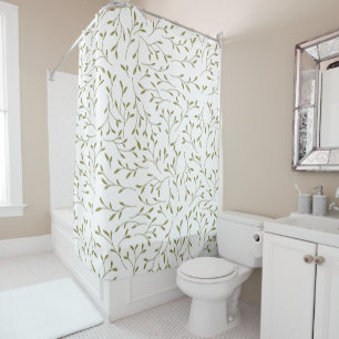 Olive Green Botanical Vine Pattern on White Shower Curtain