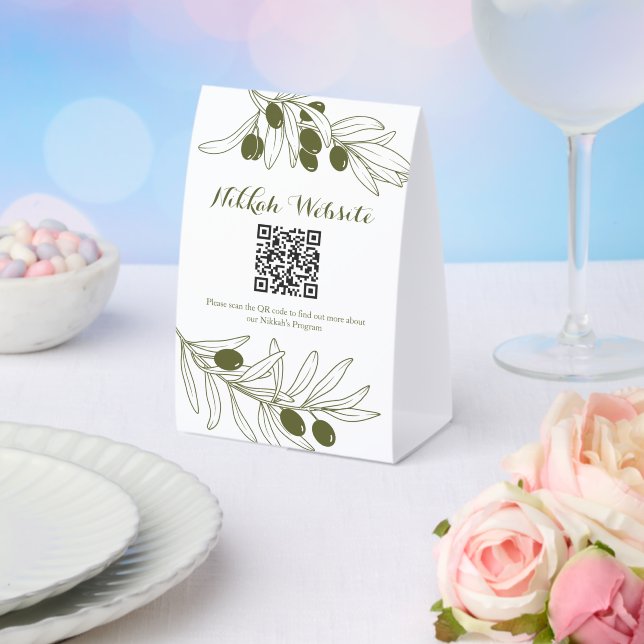 Olive Green Branches QR code Program Paper Table Tent (Insitu(Wedding))