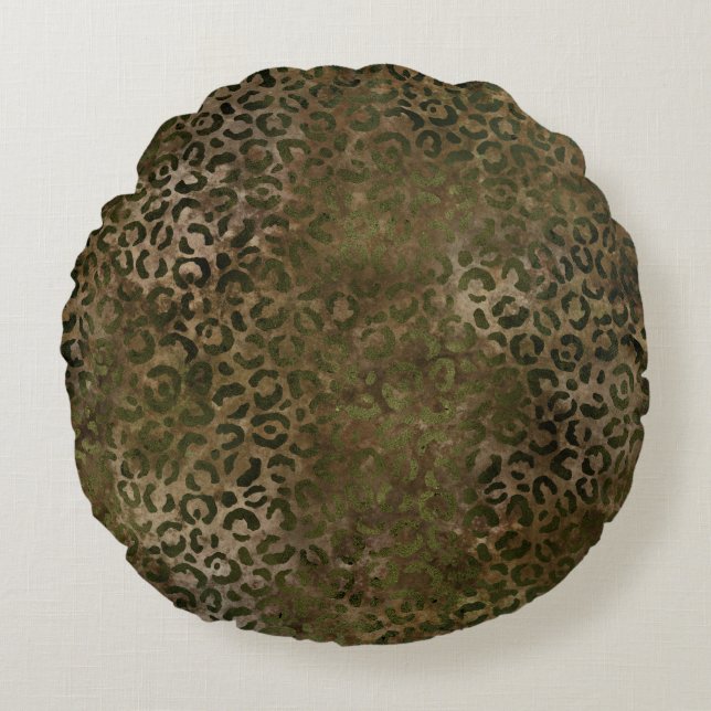 Olive Green Brown Leopard Print Round Pillow (Front)