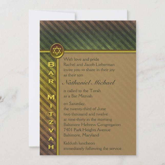 Olive Green, Brown Striped Bar Mitzvah Invitation (Front)