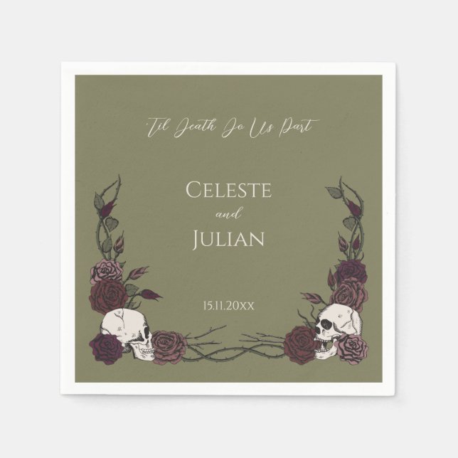 Olive Green Brown Til Death Skulls & Roses Wedding Napkins (Front)