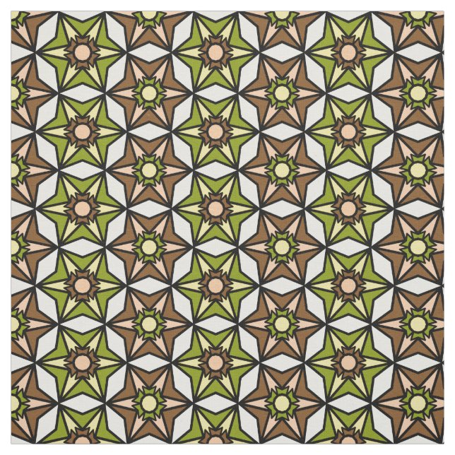 Olive Green, Brown White Geometric Retro Pattern Fabric (Swatch)