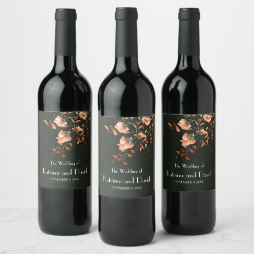 Olive Green Burnt Orange Floral Fall Wedding Wine Label