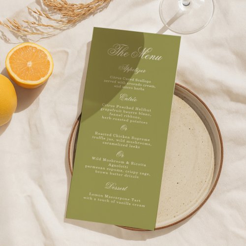 Olive Green Calligraphy Wedding Long Menu Card