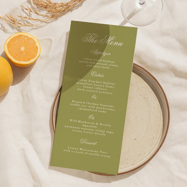 Olive Green Calligraphy Wedding Long Menu Card (Creator Uploaded)