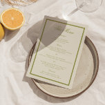 Olive Green Calligraphy Wedding Menu Card<br><div class="desc">Olive green calligraphy wedding menu card for elegant receptions,  perfect for garden and Italian style weddings—this timeless,  old money inspired design feels refined and effortlessly sophisticated. Designed for couples who want a cohesive table setting with romantic typography and elevated European charm.</div>