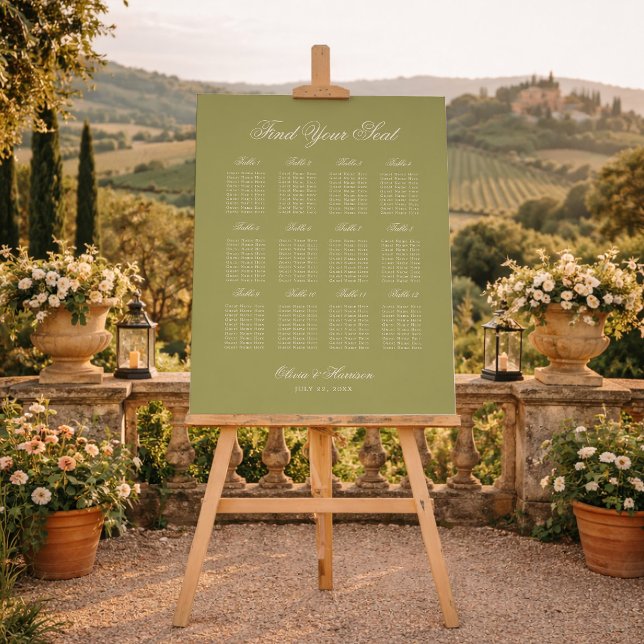 Olive Green Calligraphy Wedding Seating Chart Foam Board (Creator Uploaded)