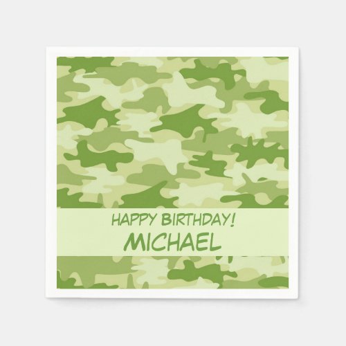 Olive Green Camo Camouflage Happy Birthday Name Paper Napkins