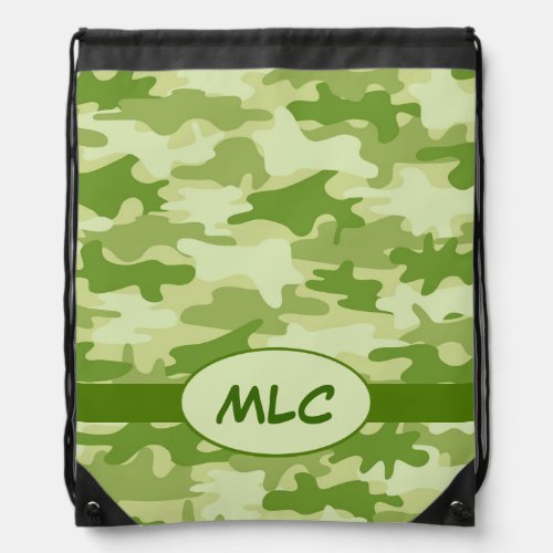 Olive Green Camouflage Monogram Custom Drawstring Bag
