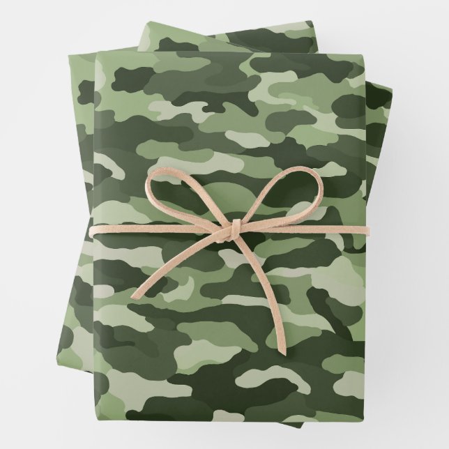 Olive Green Camouflage Wrapping Paper Sheets (In situ)