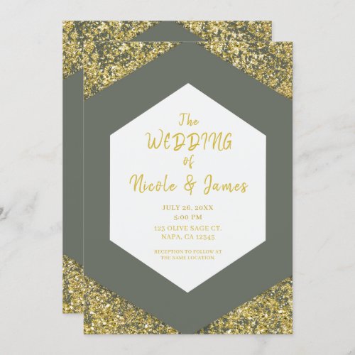 Olive Green Chic Gold Glitter Flakes Glam Wedding Invitation