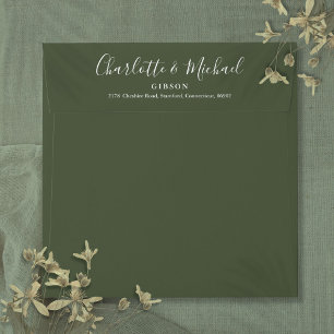 Olive Green Chic Script Return Address Square Envelope