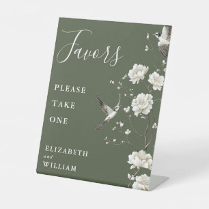 Olive Green Chinoiserie Floral Favors Wedding Pedestal Sign