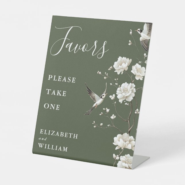 Olive Green Chinoiserie Floral Favors Wedding Pedestal Sign (Front)
