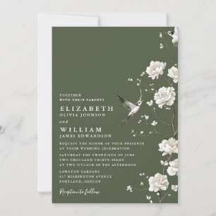 Olive Green Chinoiserie Floral Garden Wedding Invitation