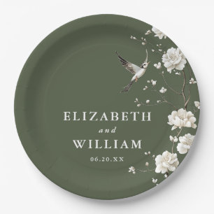 Olive Green Chinoiserie Floral Garden Wedding Paper Plates
