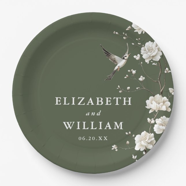 Olive Green Chinoiserie Floral Garden Wedding Paper Plates (Front)