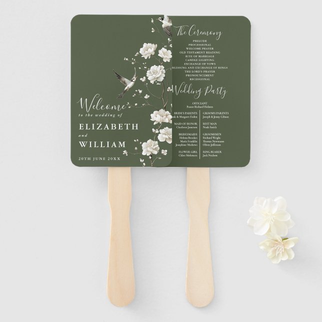 Olive Green Chinoiserie Floral Wedding Program Hand Fan (Front and Back)