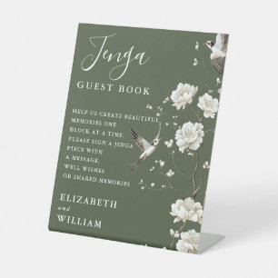 Olive Green Chinoiserie Jenga Guest Book Wedding Pedestal Sign