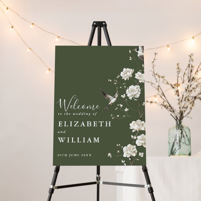 Olive Green Chinoiserie Wedding Welcome Sign (In Situ (Stand))