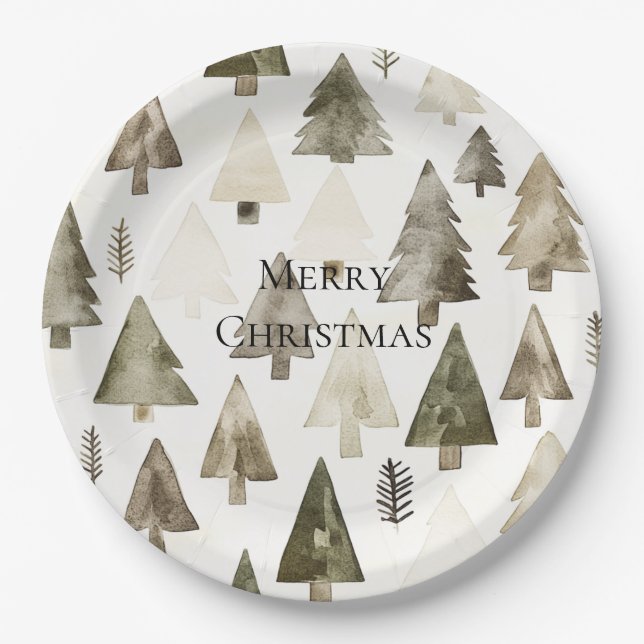 Olive Green Christmas Trees Paper Plates (Front)