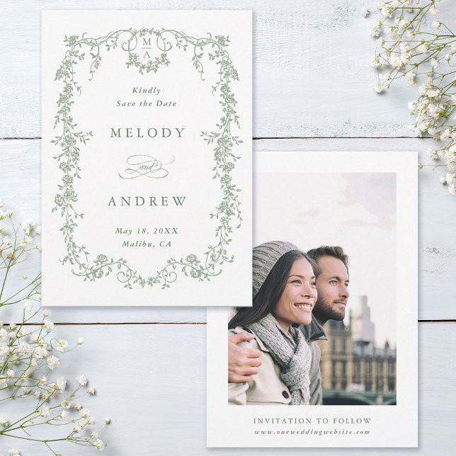 Olive Green Classic French Floral Wedding Photo Save The Date (Front & Back)