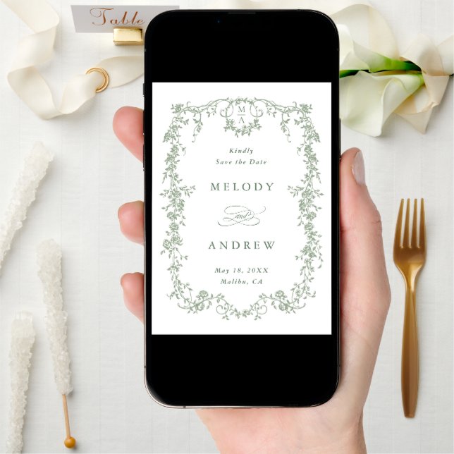 Olive Green Classic French Floral Wedding Photo Save The Date (Front Digital)