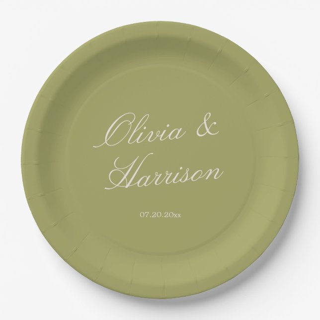Olive Green Classic Wedding Paper Plates (Front)