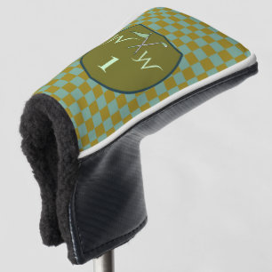 Olive Green & Cool Sage Checkered Monogram  Golf Head Cover