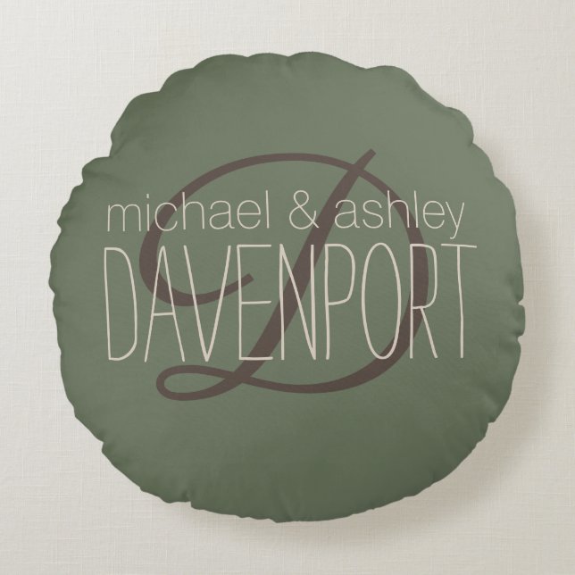 Olive Green Couple's Names Monogram Round Pillow (Front)