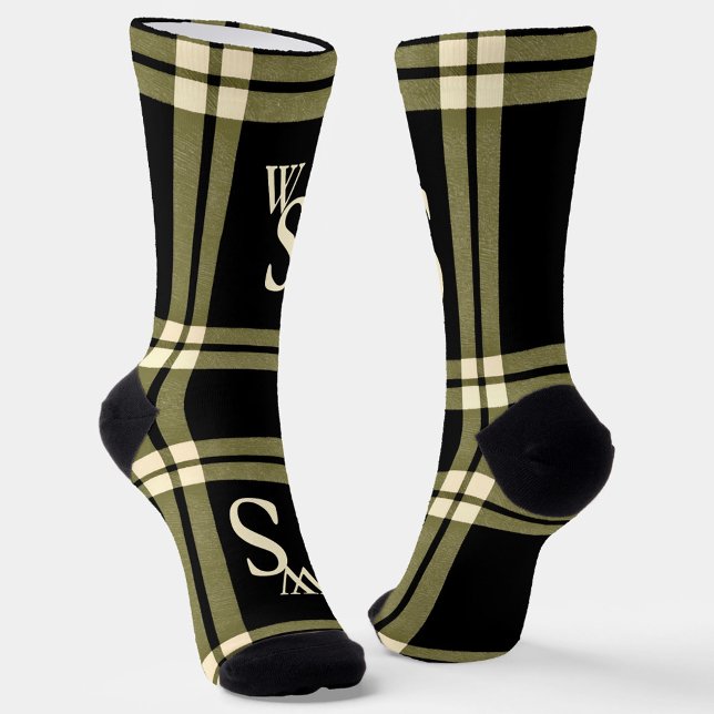Olive green, cream, and black plaid monogram  socks (Creator Uploaded)