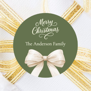 Olive green cream bow Christmas Classic Round Sticker