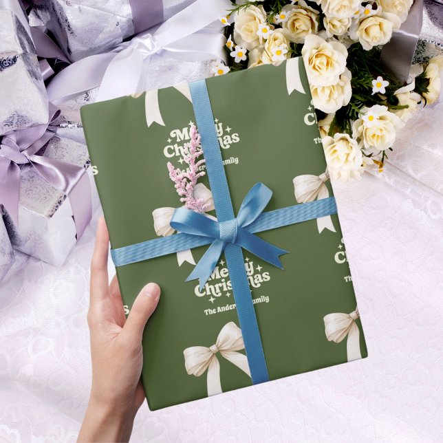 Olive green cream bow retro Christmas Wrapping Paper (Creator Uploaded)