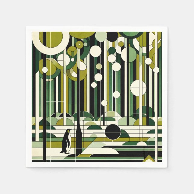 Olive Green Cream Geometric Penguin Forest Retro Napkins (Front)