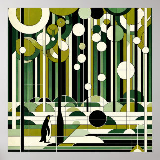 Olive Green Cream Geometric Penguin Forest Retro Poster