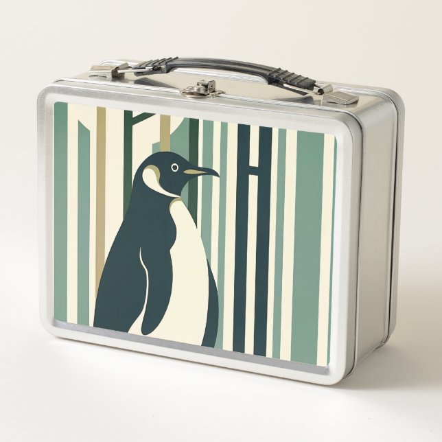 Olive Green Cream Penguin Illustration Forest Metal Lunch Box (Front)