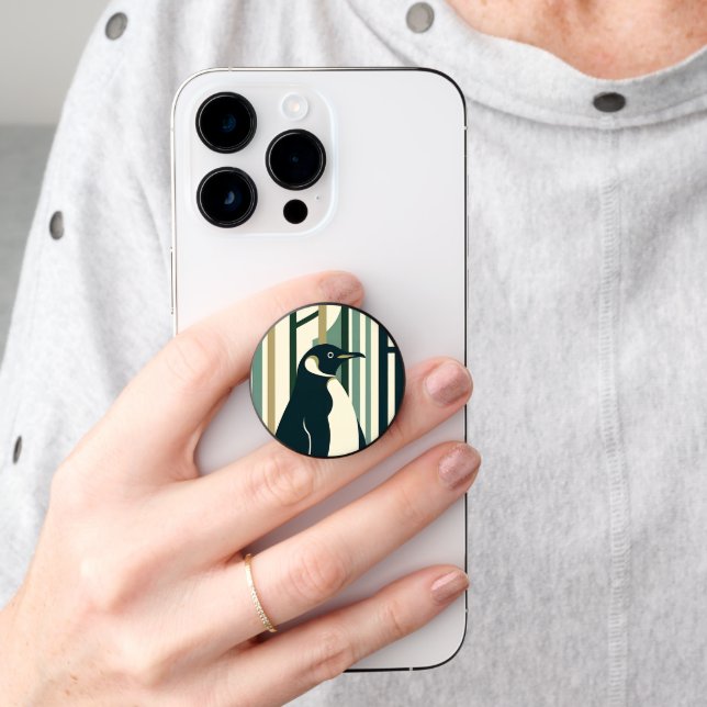Olive Green Cream Penguin Illustration Forest PopSocket (Hand)