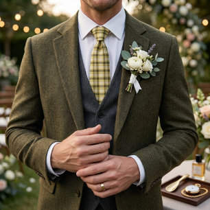 Olive Green Cream Plaid Classic English Country Neck Tie