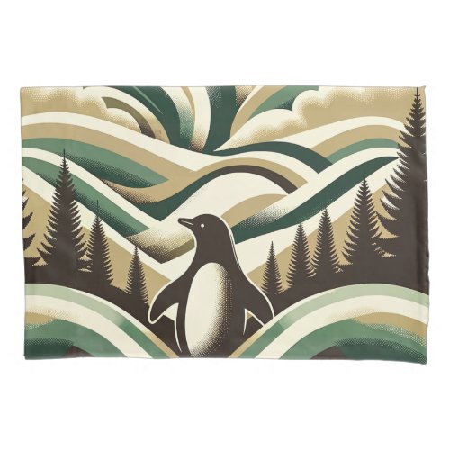 Olive Green Cream Retro Art Deco Waves Penguin  Pillow Case