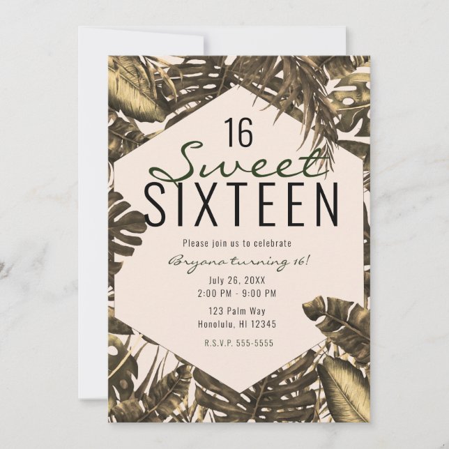 Olive Green & Cream Tropical Palm Leaves Sweet 16 Invitation (Front)