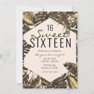 Olive Green & Cream Tropical Palm Leaves Sweet 16 Invitation
