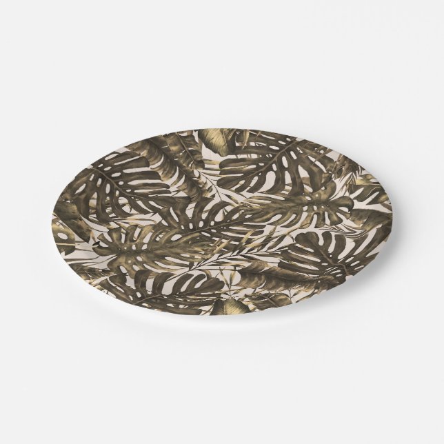 Olive Green & Cream Tropical Palm Leaves Wedding Paper Plates (Angled)