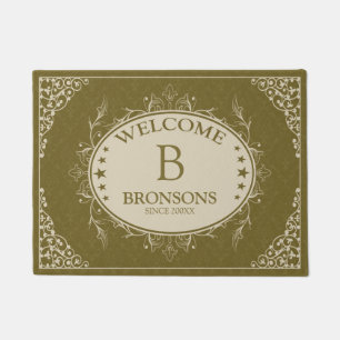 Olive Green & Cream Vintage Floral Frame Doormat