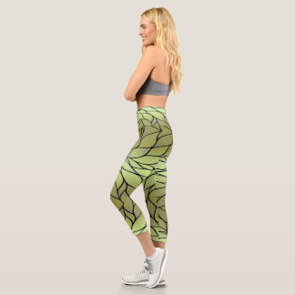 Olive Green Creative Leave Pattern  Capri Leggings