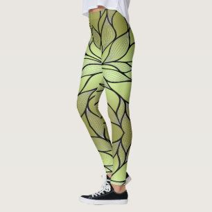 Olive Green Creative Leave Pattern Leggings