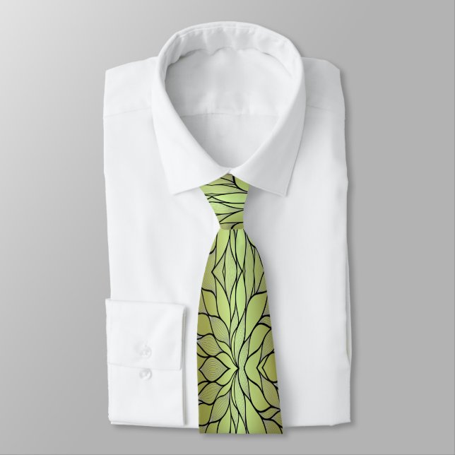 Olive Green Creative Leave Pattern  Neck Tie (Tied)