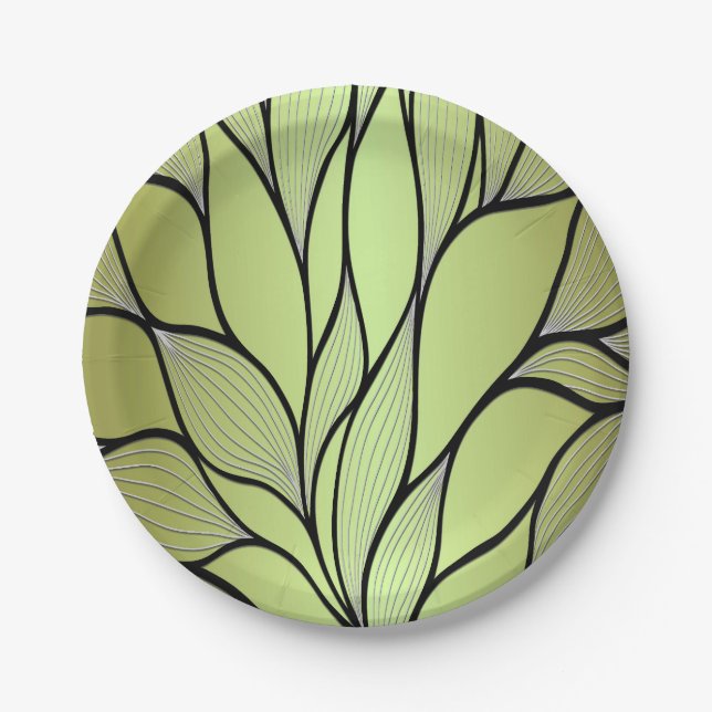 Olive Green Creative Leave Pattern  Paper Plates (Front)