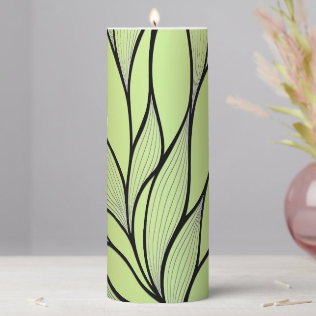 Olive Green Creative Leave Pattern  Pillar Candle (In Situ)